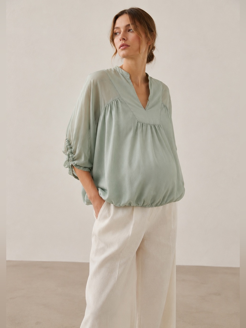 Zara for Mum 100% Silk Blouse Top Sage Green Sheer Sleeves Limited Capsule M
